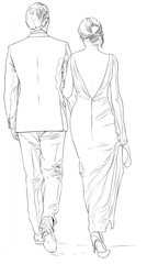 Simple line art drawing of the bride and groom walking away from the camera, white background