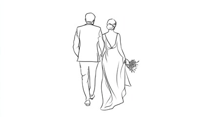 Obraz premium Simple line art drawing of the bride and groom walking away from the camera, white background