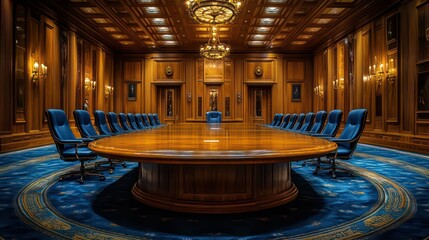 Formal meeting space with classic table, high-backed chairs, and elegant wood paneling.
