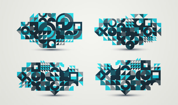Abstract geometric design composition set, vector art wallpaper or background, geometry rectangular and circles graphics, stylish pattern collection.