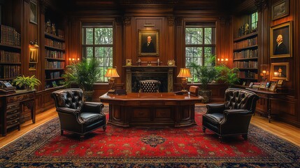 Formal meeting space with classic table, high-backed chairs, and elegant wood paneling.