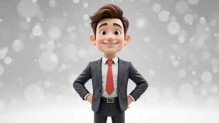 A cheerful cartoon businessman stands confidently against a soft winter background ideal for presentations or marketing materials