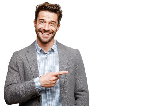 Smiling men pointing sideways with casual clothing PNG with a transparent background

