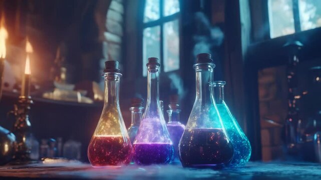 Alchemy lab with bubbling potion bottles and smoke-filled atmosphere.