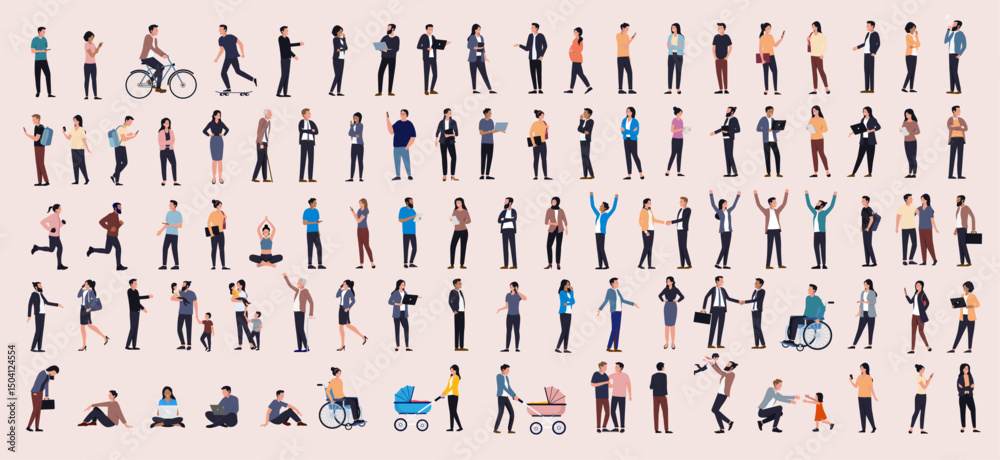 Aufkleber vector people illustration collection - big set of casual 2d diverse characters in side view flat de