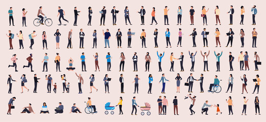 Plakat Vector people illustration collection - Big set of casual 2d diverse characters in side view flat design graphic, standing in various poses doing work and leisure activities