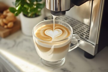 Smooth coffee being poured into glass cup with heart design in modern kitchen environment in bright morning light