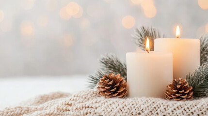 Cozy white candles on knit blanket with pine cones and evergreen branches for a warm and festive ambiance