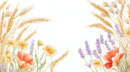 A charming countryside watercolor illustration of a rectangular frame featuring sun-kissed wildflowers, golden wheat, and soft lavender sprigs, reminiscent of a warm summer meadow,