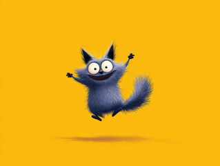 Fototapeta premium Jumping Cute Character: A spirited cartoon character, the cat-like creature with an infectious grin, defies gravity with joyous exuberance. captured against vibrant background.