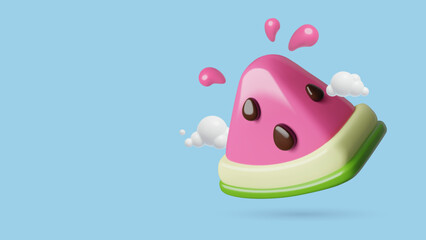 Juicy watermelon piece in clouds cute 3d emoji on sky blue background. Summer fruit vector illustration.