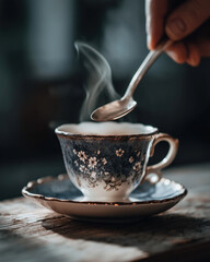 Steaming hot tea in vintage floral porcelain cup on matching saucer with hand holding spoon above, creating cozy and warm atmosphere