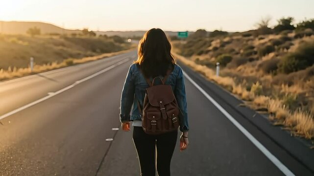 Young woman walking on empty road during sunset with backpack  