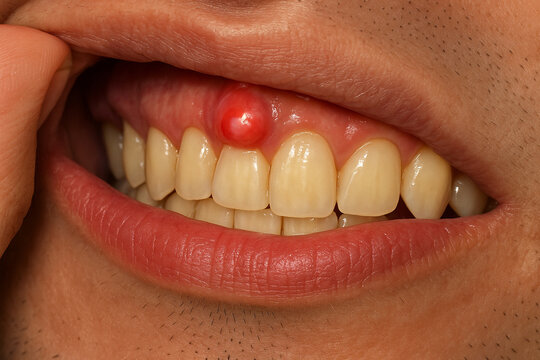 Close-Up of Dental Abscess on Upper Gum Above Teeth Showing Inflammation and Infection in Human Mouth