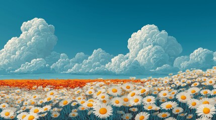 Colorful field of daisies under a bright blue sky with clouds on a sunny day in spring