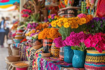 Vibrant market filled with colorful flowers textiles and handcrafted goods during a sunny afternoon