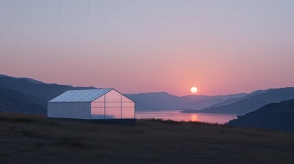 Fototapeta premium Photorealistic Greenhouse at Sunrise with Mountains and Lake View