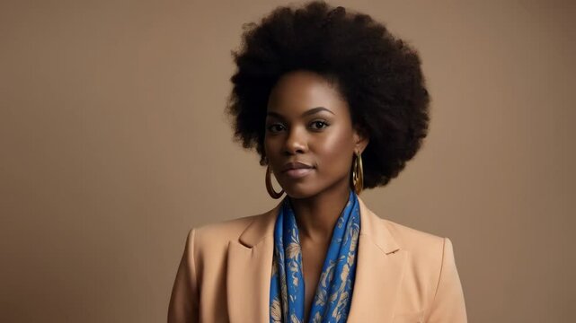 A Black woman confidently poses in a beige blazer with a blue scarf, exuding elegance and grace against a soft brown backdrop