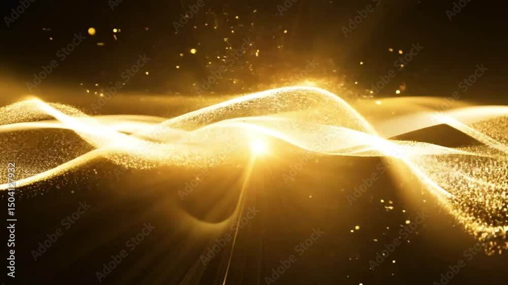 Poster golden waves of light shimmering particles sparkle and flow in mesmerizing visual display of eleganc