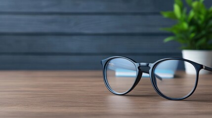 Stylish Black Frame Eyeglasses on Wooden Desk with Green Plant Background