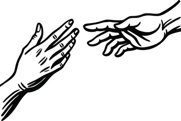 Black and white line art illustration of two hands reaching towards each other