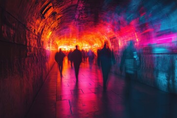 Underground marketplace bustling with shadowy figures in vibrant neon lights during late night hours