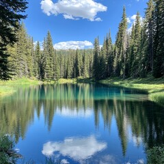 Serene Lake Surrounded by Lush Green Forest Under Blue Sky