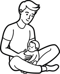 Line art illustration of a father gently holding his infant child