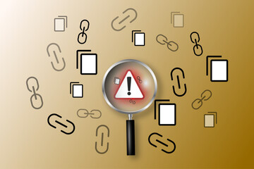Document scam and unsafe link detection with magnifying glass on alert sign, symbolizing internet threats, suspicious hyperlinks, and file safety analysis.


