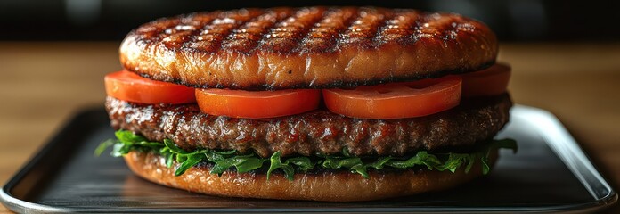 Futuristic burger with 3D-printed layers, served on a sleek metal tray.