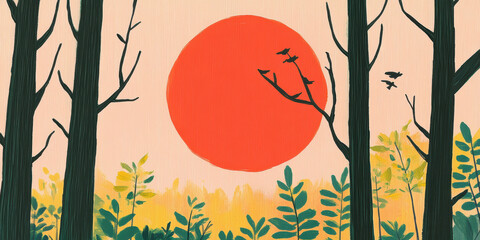 Serene forest sunset with vibrant orange sun and silhouetted trees