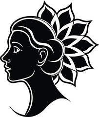 Elegant black and white silhouette of a woman with floral headpiece