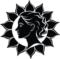 Elegant black and white silhouette of a woman s face framed by a floral sun design