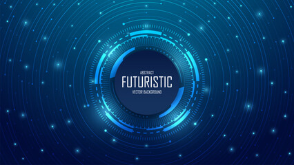 Abstract concentric circles tech circuit on technology dark blue background. Circular lines and dot connections. Big data transmission and, Artificial Intelligence concept. Vector illustration.