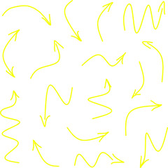 Collection of hand drawn yellow arrows in various curved, wavy and zigzag styles on white background. Ideal for creative designs, infographics, presentations, landing pages.