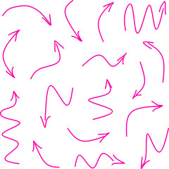 Collection of hand drawn pink arrows in various curved, wavy and zigzag styles on white background. Ideal for creative designs, infographics, presentations, landing pages.