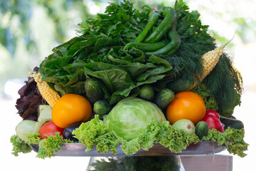 Fresh organic vegetables on the counter of a farm market