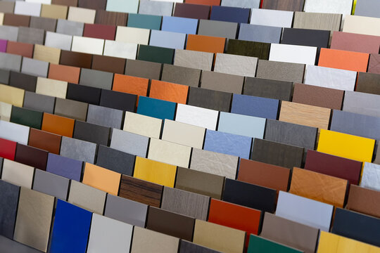 Multi-colored samples of composite materials for the ventilated facades in showroom