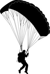 Black silhouette of a skydiver under a large parachute during descent. A simple graphic illustration of a thrilling extreme sport.