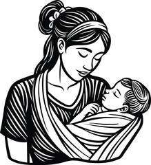 Black and white illustration of a mother gently holding her sleeping baby in a wrap