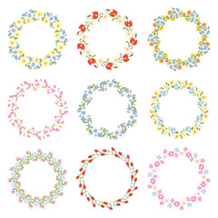 Floral wreaths with wildflower. Set of circle frames of daisy, poppy, rose, sunflower, meadow plants. Spring round border. Flower design elements. Flat vector illustration for print, invitation, card