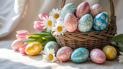 Easter eggs in a basket with flowers