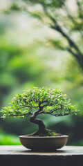 Serene bonsai tree on a wooden table with lush green background
