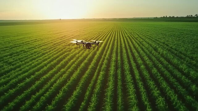 A drone flies over a vast, neatly cultivated field with parallel rows of crops at sunset, illustrating precision agriculture and modern farming techniques