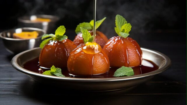 gulab jamum with syrup in dish on background