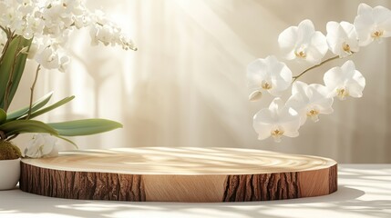 Wooden Podium Display with Elegant White Orchids in Bright Natural Light