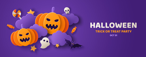 Happy Halloween banner invitation background with clouds, bats and pumpkins in paper cut style. Vector illustration. Place for text. Trick or treat party poster template, candy, spooky ghost, bats