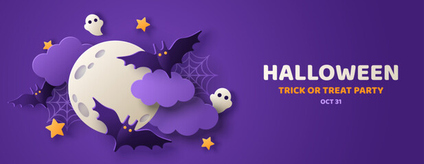 Happy Halloween banner party invitation background with clouds, bats in night sky and full moon in paper cut style. Vector illustration. Place for text. Spooky ghost in clouds fog poster template
