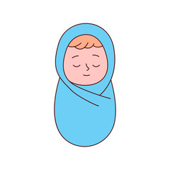 Cute sleeping baby wrapped in soft blanket. Minimalist vector illustration ideal for baby clothes, newborn care, parenting resources, and child health campaigns