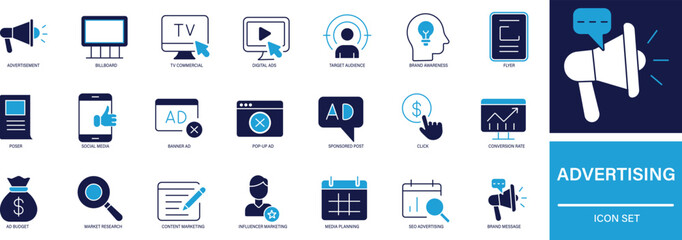 advertising icon set with marketing, promotion, campaign, target, audience, branding, media, outreach, digital, ads, and communication vector symbols.